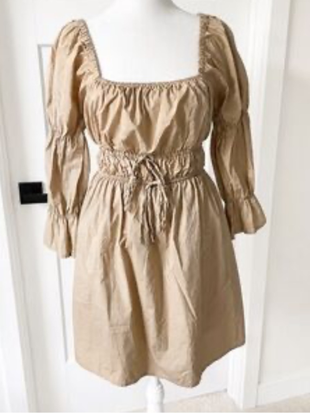 Greylin Beige Long Sleeve Smocked Mini Dress